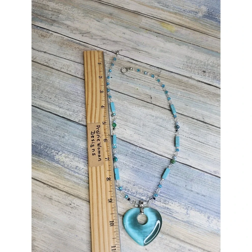Teal Blue Cat's Eye Heart Crystal‎ Beads Toggle Clasp Necklace Turquoise 20